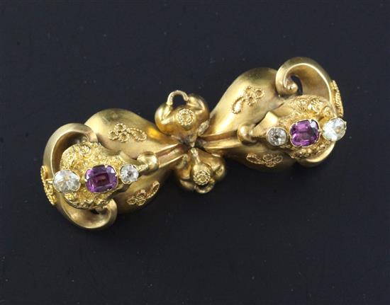 A Victorian gold and gem set bar brooch, 1.75in.